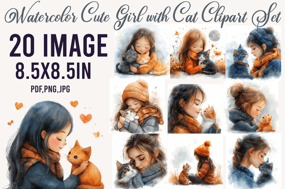 Download Watercolor Cute Girl with Cat Clipart Se - Premium Bundle